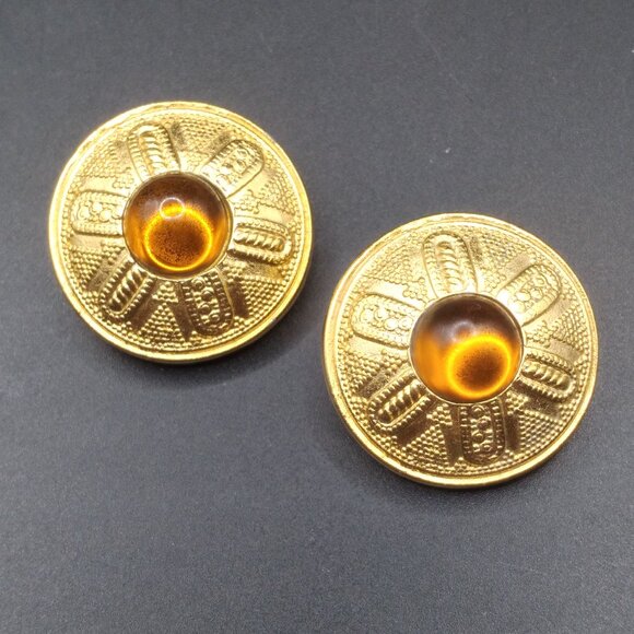 Vintage signed Natori Gold Plated Yellow Glass Stone Clip-On Earrings - Picture 1 of 5